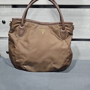 Prada Brown Nylon Tote Bag with Leather Trim